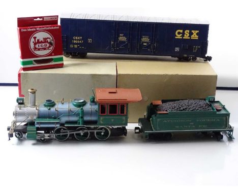 A group of G scale model railways to include a BACHMANN steam loco and box car (both a/f), three empty LGB boxes and some LGB