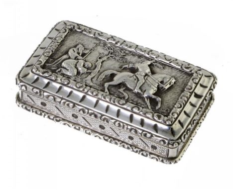 A WILLIAM IV SILVER SNUFF BOX  the lid chased with a panel of a mounted knight and two other figures, the sides engine turned