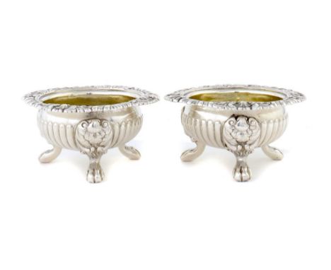 A PAIR OF GEORGE III SILVER SALT CELLARS BY PAUL STORR  10.5cm w, maker's mark, London 1819 and a pair of Victorian silver sa