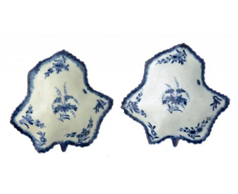 TWO WORCESTER BLUE AND WHITE PICKLE LEAF DISHES, C1758-65 painted with the Pickle Leaf Vine pattern, 8.5-9cm l, workman's mar