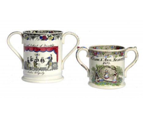 TWO VICTORIAN EARTHENWARE LOVING CUPS, C1870 AND DATED 1873  the interior with a frog,  coloured black or sepia transfer prin