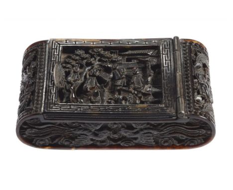 A CHINESE EXPORT CARVED TORTOISESHELL SNUFF BOX, 19TH C  the sides with phoenix and dragon, 8.5cm w ++In fine condition