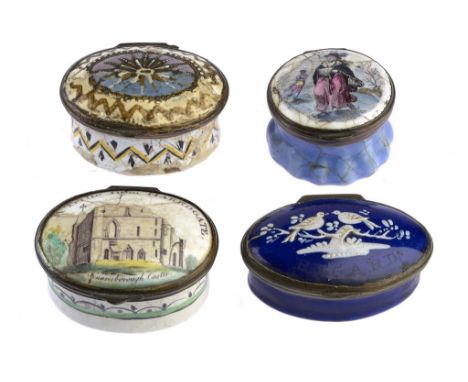 FOUR SOUTH STAFFORDSHIRE ENAMEL PATCH BOXES, C1780 one inscirbed A Trifle from HARROGATE, largest 5.5cm w ++All cracked/chipp