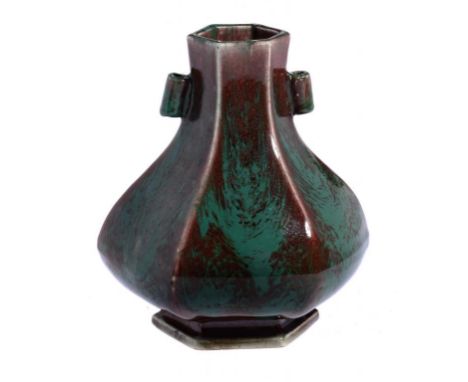 A CHINESE FLAMBÉ GLAZED HEXAGONAL ARROW TUBE HANDLED VASE, 20TH C 24cm h, impressed Yongzheng mark ++In fine condition, no re