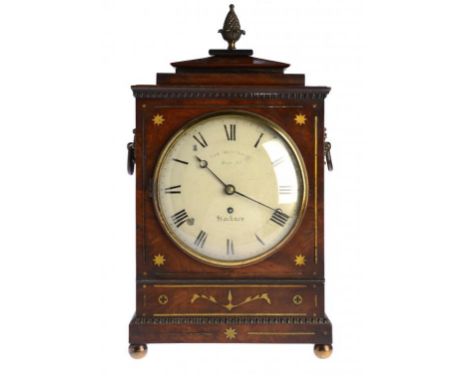 AN ENGLISH MAHOGANY AND BRASS INLAID MANTLE CLOCK, C1835 the painted dial inscribed SAML HENY LEAH MARE ST HACKNEY, the fusee