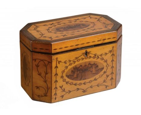 A GEORGE III SATINWOOD AND INLAID CUT CORNERED TEA CADDY, C1790-1800  the divided interior retaining the pair of inlaid cover