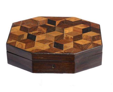 A VICTORIAN SPECIMEN WOOD BOX, C1840  octagonal of rosewood with cube parquetry lid, brass lock, 27cm w, containing a set of 