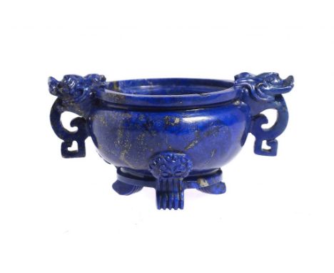 A CHINESE LAPIS LAZULI TRIPOD CENSER  with dog of Fo handles, 5cm h ++Minute edge chips but no substantial damage and no repa
