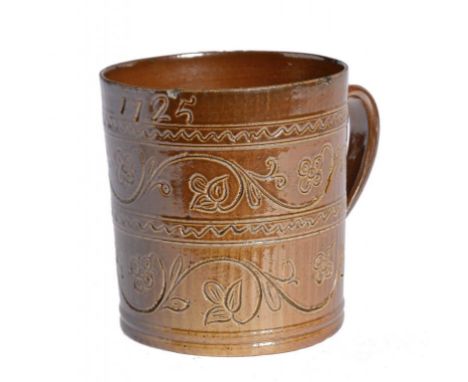 A NOTTINGHAM SALTGLAZED BROWN STONEWARE MUG, MORLEY'S BECK BARNS POTTERY, DATED 1725 incised with two bands of scrolling foli