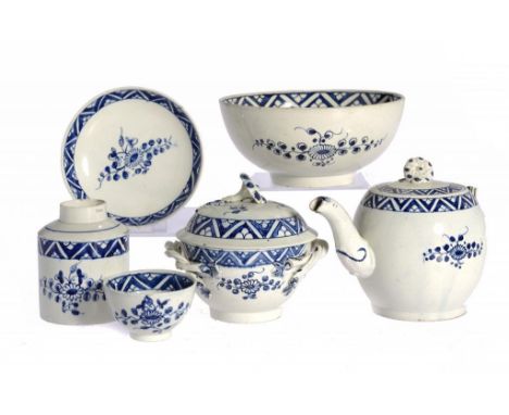 A PEARLWARE PART TEA SERVICE, C1775  painted in cobalt with a stylised flower in diaper border, teapot and cover 11.5cm h (8)