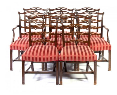 A SET OF EIGHT GEORGE III STYLE MAHOGANY DINING CHAIRS, C1930  including a pair of elbow chairs, 95cm h ++Of the same provena
