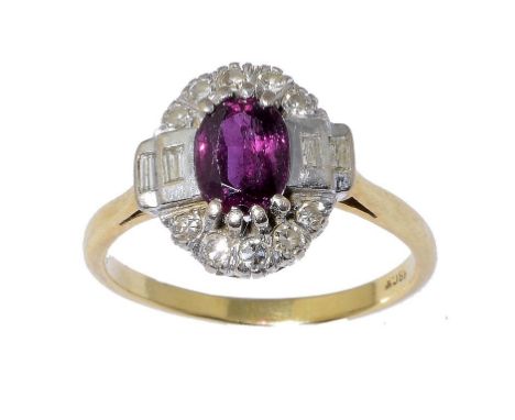 A RUBY AND DIAMOND CLUSTER RING, C1940  in gold,  marked 18ct,  4.7g gross, size O ++In good second hand condition