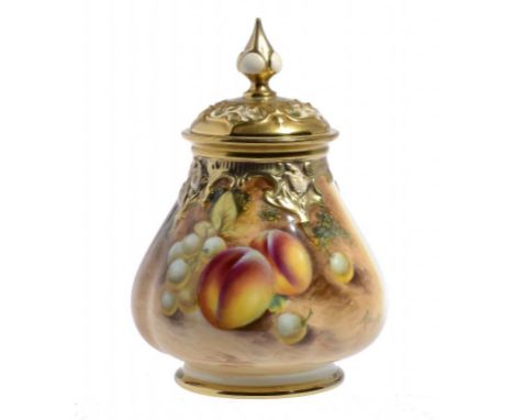 A ROYAL WORCESTER POT POURRI VASE AND COVER, C1970  painted by Roberts, signed, with fruit, 16cm h, black printed mark, gilde