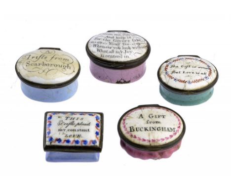 FIVE SOUTH STAFFORDSHIRE ENAMEL PATCH BOXES, C1780 with printed or painted inscriptions, largest 4cm w ++All with chipped/cra