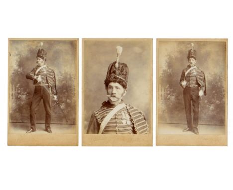 CHARGE OF THE LIGHT BRIGADE.  THREE RARE CABINET PHOTOGRAPHS OF PTE JOHN FORD OF THE 4TH LIGHT DRAGOONS, 1909, WHO RODE INTO 