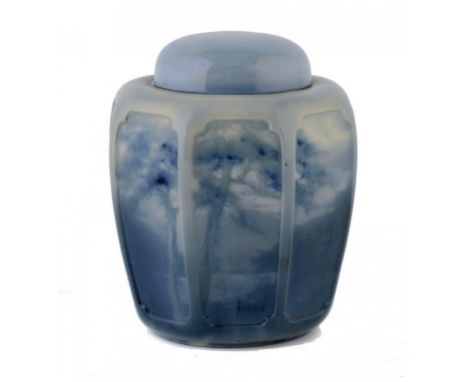 A ROYAL WORCESTER SABRINA WARE PANELLED GINGER JAR AND COVER, 1926 painted by Sedgley, signed, in predominately grey-blue wit