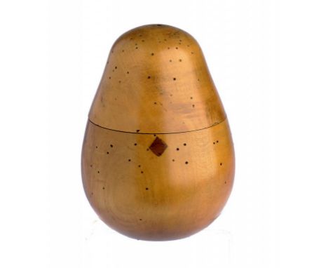 AN ENGLISH TURNED FRUITWOOD TEA CADDY, POSSIBLY 19TH C in the shape of pear, 15cm h ++Lacks stalk handle; coated in a varnish