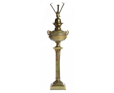 A GILT BRASS AND CHAMPLÊVÉ ENAMEL MOUNTED ONYX OIL LAMP, C1900  with Duplex burner and detachable fount, 67cm h excluding lat