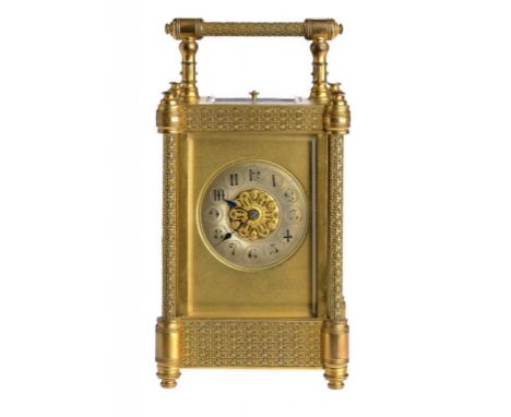 A FRENCH GILT BRASS CARRIAGE CLOCK, C1900  the repeating, gong striking movement retaining the original platform lever escape
