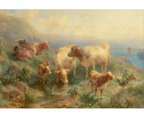 WILLIAM R C WATSON (1866-1921) CATTLE ON THE COAST OF CORNWALL  signed and dated 14, watercolour, 22.5 x 32.5cm ++In apparent