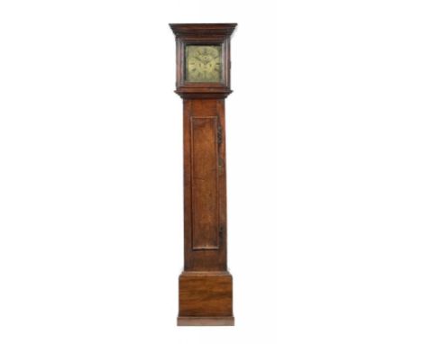 AN ENGLISH OAK EIGHT DAY LONGCASE CLOCK, 18TH C  the 12 inch brass dial engraved Josiah Thompson Whitehaven, with birds and s