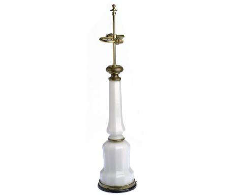 A BRASS MOUNTED FACETED OPALINE GLASS LAMP, MID 19TH C wood base, adapted for electricity, 86cm h overall ++In fine condition