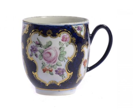 A RARE DERBY SCALE BLUE GROUND COFFEE CUP, C1780  closely imitating a Worcester original and painted with flowers in gilt res