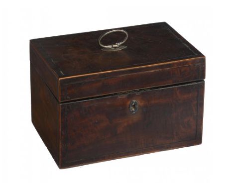 A GEORGE III MAHOGANY AND LINE INLAID TEA CADDY, C1800  with bright cut silver handle and escutcheon, the fitted interior wit