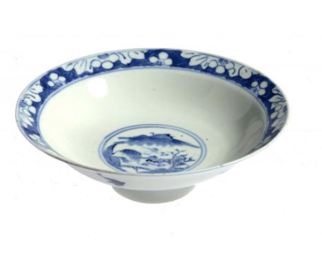 A CHINESE BLUE AND WHITE BOWL, 19TH C  painted to the exterior with a group of three figures, the interior with a central lan