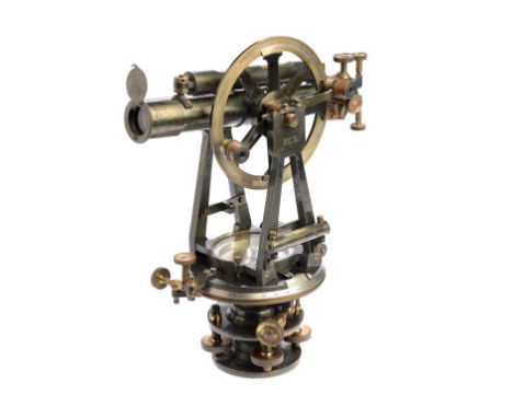 AN ENGLISH BRASS TRANSIT THEODOLITE BY NEGRETTI & ZAMBRA, LATE 19TH C the telescope with bubble level and rack and pinion  fo