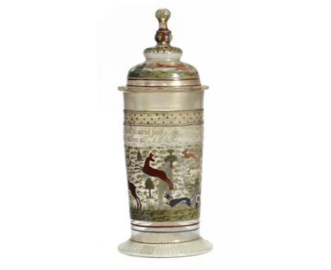 A GERMAN HISTORISMUS ENAMELLED GLASS HUMPEN AND COVER  with a cavalier and continuous hunting scene beneath inscription and t