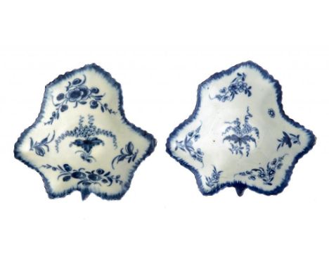 TWO WORCESTER BLUE AND WHITE PICKLE LEAF DISHES, C1758-70 painted with the Pickle Leaf Vine pattern, 8-8.5cm l, workman's mar