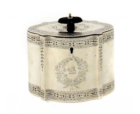 A VICTORIAN SILVER BRIGHT CUT TEA CADDY  the lid with integral hinge, crested, 11cm h, by William Stoker and marked LAMBERT C