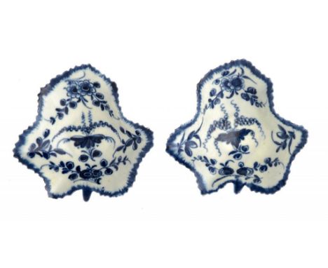 TWO WORCESTER BLUE AND WHITE PICKLE LEAF DISHES, C1760-70 painted with the Pickle Leaf Vine pattern, 8.5cm l, open crescent +