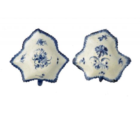 A CAUGHLEY BLUE AND WHITE PICKLE LEAF DISH, C1778-82 painted with the Pickle Leaf Spray pattern, 9cm l and a Worcester exampl