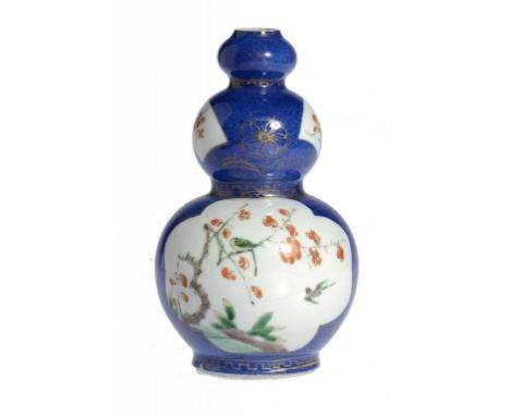 A CHINESE PORCELAIN TRIPLE GOURD POWDER BLUE GROUND FAMILLE VERTE VASE, KANGXI  17.5cm h, wheel cut Johanneum mark N: 314 ++N