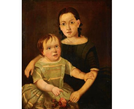 ENGLISH NAIVE ARTIST, 19TH CENTURY DOUBLE PORTRAIT OF A YOUNG GIRL AND A CHILD IN A GREEN DRESS, oil on canvas, 73 x 60cm ++T