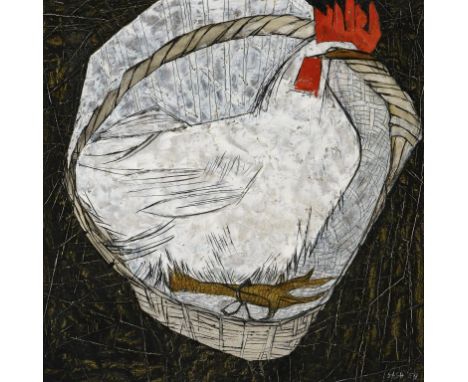 CECILY SASH (1924-) HEN IN BASKET  signed and dated '79, oil on hardboard, 49 x 49cm, sold with the artist's catalogue presen