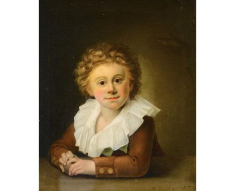 M DAVIOT, 1781 PORTRAIT OF A CHILD  bust length, holding a ball in his hands, signed and dated M Daviot p:1781, oil on canvas