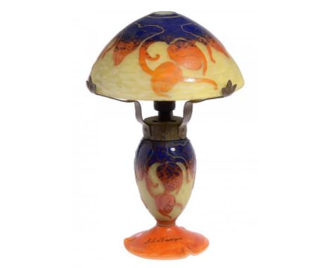 A LE VERRE FRANCAIS GLASS TABLE LAMP, C1925 of mottled yellow overlaid in blue and orange glass and acid etched with stylised