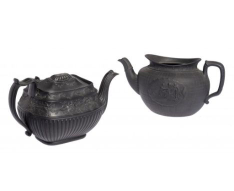 A DON BLACK BASALT COMMEMORATIVE TEAPOT, C1810  engine turned and moulded to either side with a shell shaped panel of the dea