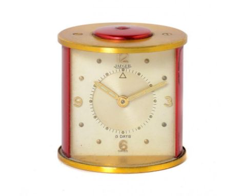 A JEAGERLECOULTRE  GILT AND PINK ANODISED AND LACQUERD BRASS BARREL EIGHT DAY ALARM CLOCK, C1960  5cm h, maker's maroon card 