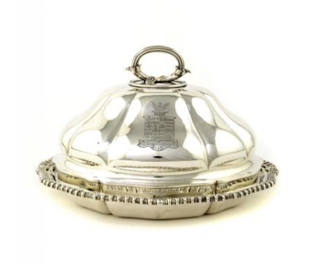 A WILLIAM IV SILVER ENTRÉE DISH AND COVER BY PAUL STORR engraved with armorials, dish 28.5cm w, maker's mark and stamped STOR