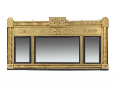 A VICTORIAN GILTWOOD AND COMPOSITION OVERMANTEL MIRROR, C1860  the tablet to the frieze with eagle and vase of fruit and flow