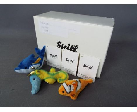 Steiff - Three Steiff Mini Animals comprising # 112225 'Clippy Dolphin', # 112188 'Putsy Seahorse' and # 112201 'Flossy Clown