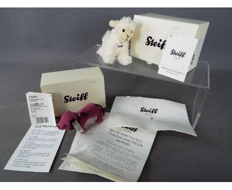 Steiff - Two boxed Steiff Mini Animals comprising # 112010 'Lamb' with yellow tag, and a limited edition # 034541 'Dachshund 