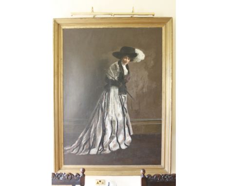 Edith Gunther (b 1887). Portrait of a lady wearing a feathered hat and carrying a parasol, full length oil on canvas, 220cm x