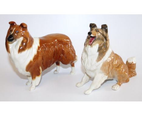 A Beswick dog, with brown and white shaggy design, seated, with black Beswick England stamp to underside, 14cm high, and a Be