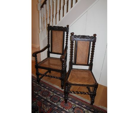 A set of six barleytwist oak dining chairs in 17thC style, with bobbin turned framing, caned backs and seats, and including t