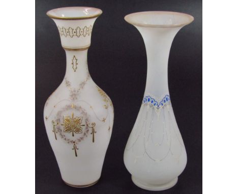 Two Victorian milk glass vases, with applied gilt and enamel decoration, 35cm and 37cm high (2). 
